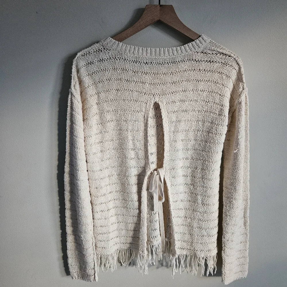 Pam & Gela Cream Fringe Open Back Sweater NWT